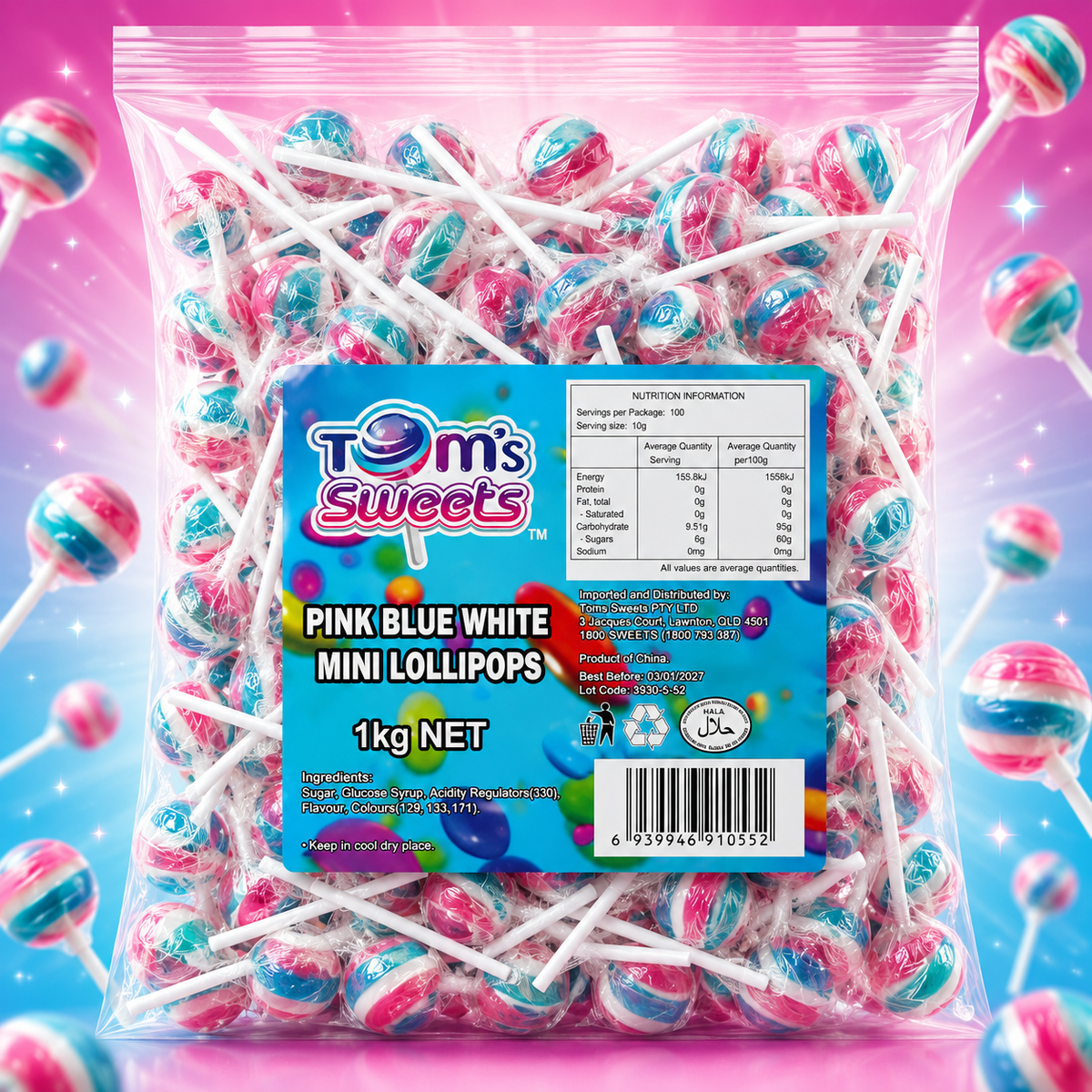 Pink Blue White Mini Lollipops (Individually Wrapped)