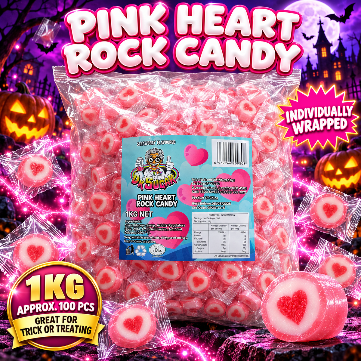 Pink Heart Rock Candy (Individually Wrapped)