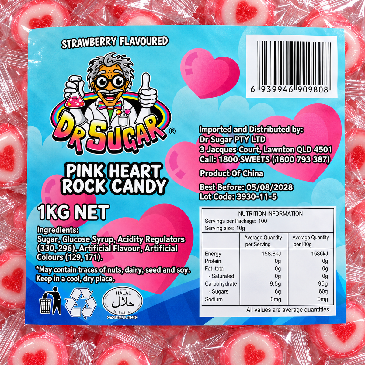 Pink Heart Rock Candy (Individually Wrapped)