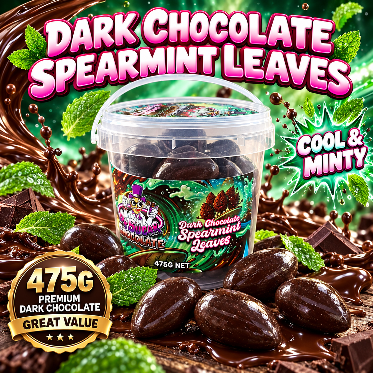 Dr Sugar Dark Chocolate Spearmint Leaves – 475g Tub