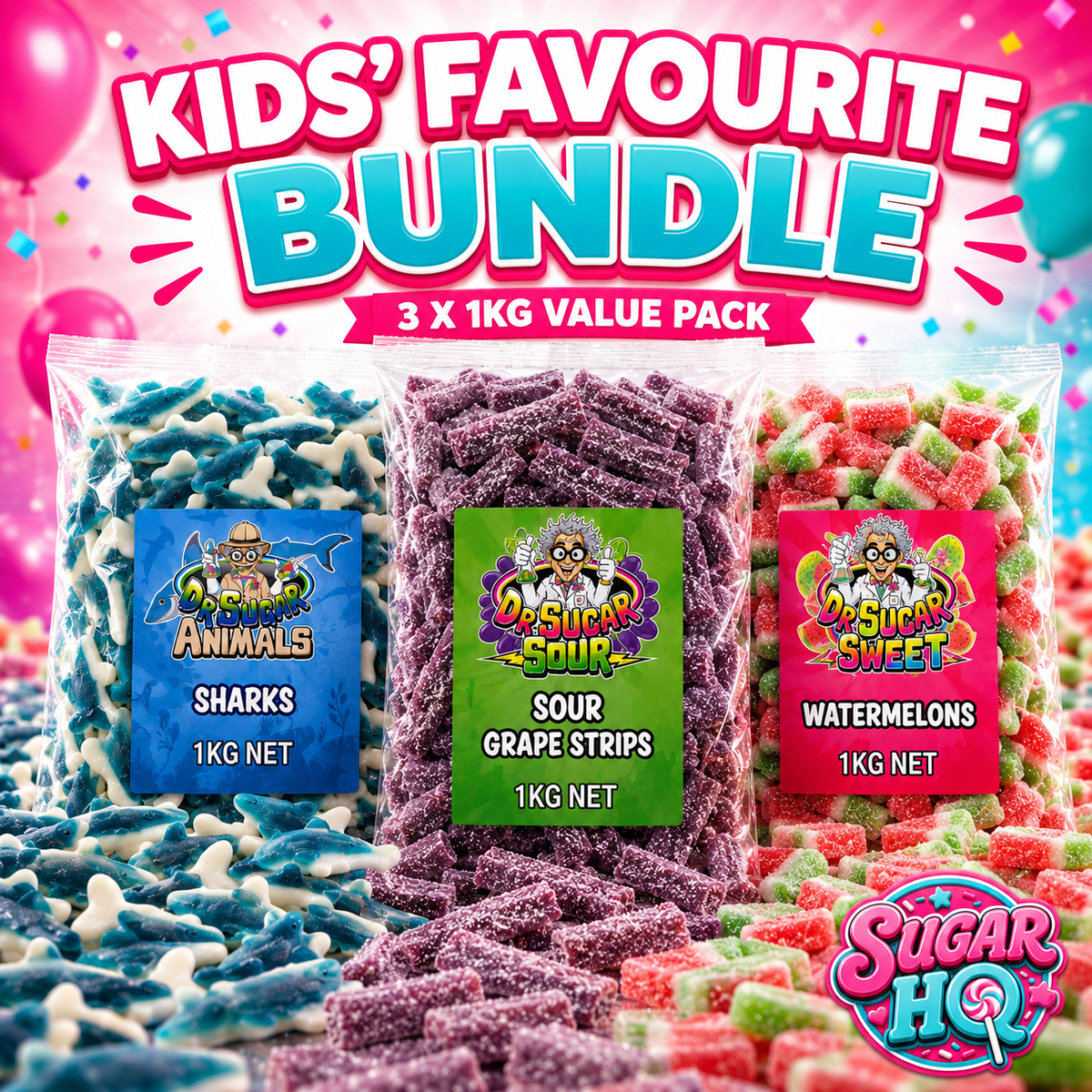 SUGAR DAZE 3 x 1KG Big bags of Kids #1 Favourites: Sharks, Sour Grape Strips, Watermelons